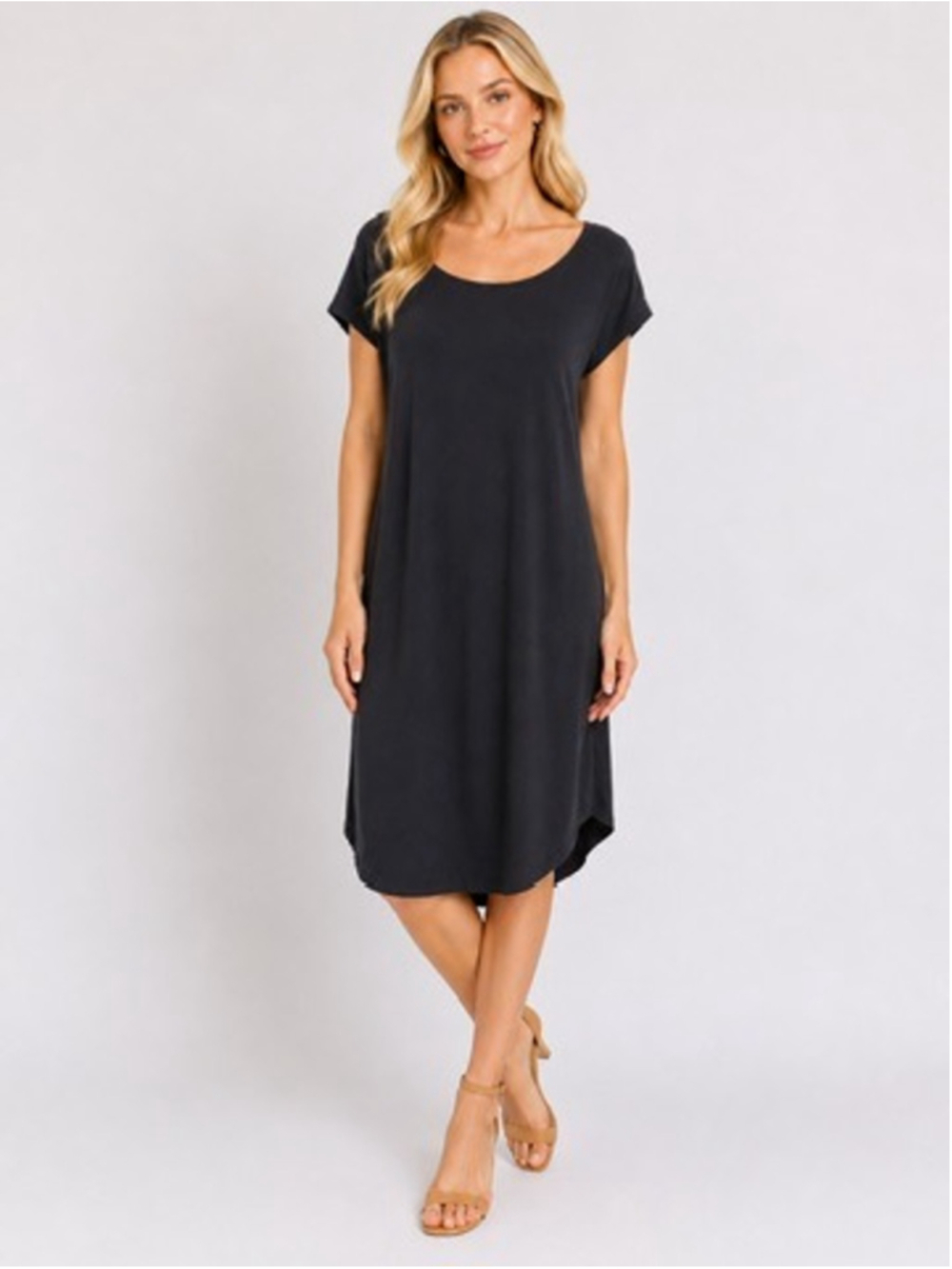 Eileen Fisher Knit T-Shirt Dress Black Stretch Cotton Midi Scoopneck Size L